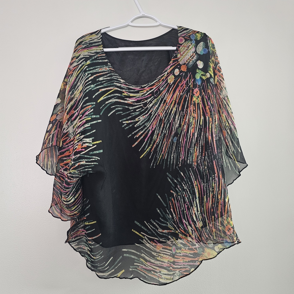 100% Silk Multicolor Poncho Blouse Bohemian Casual Y2K Lined Sheer Large-XL